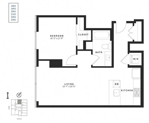 Floor plan for 1 bed, 1 bath, 730 sqft